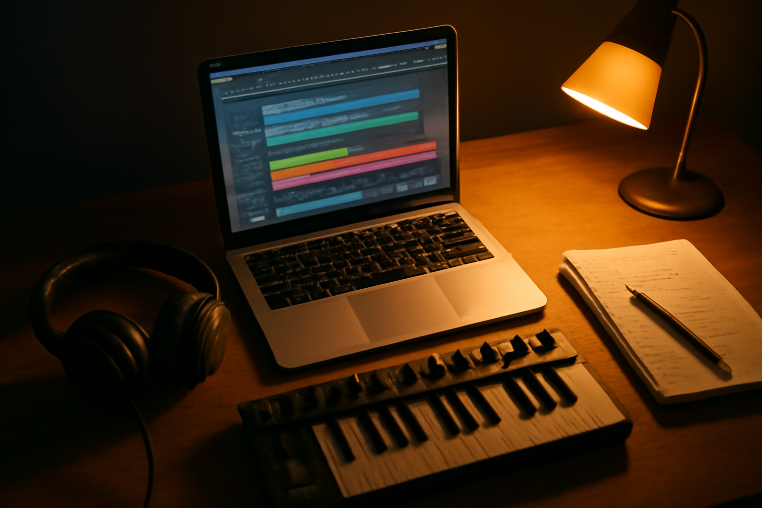 Meja produksi musik rumahan dengan laptop menampilkan DAW dan headphone untuk membuat remix