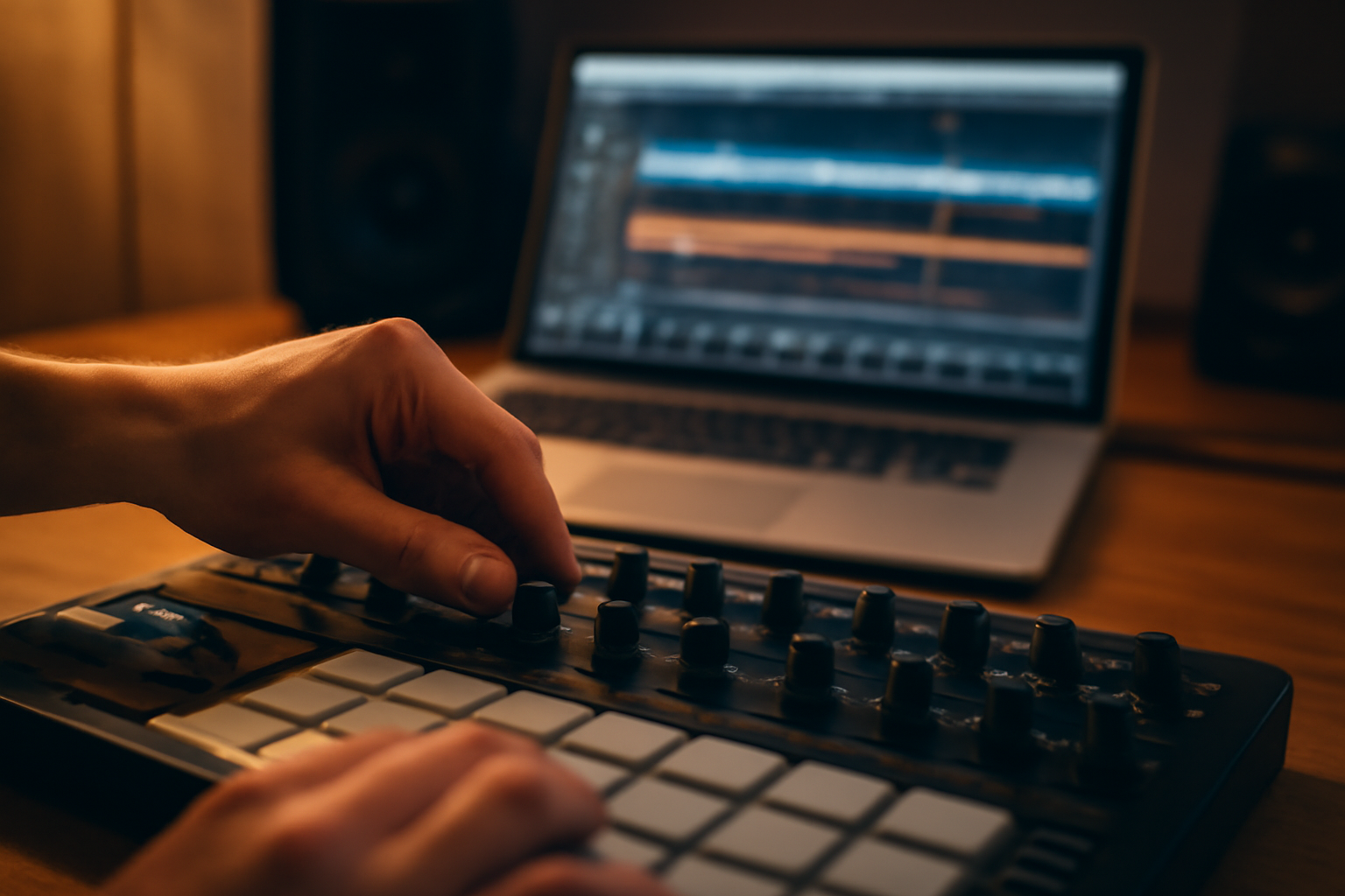 Produser musik sedang mengatur MIDI controller di studio rumahan untuk remix lagu elektronik
