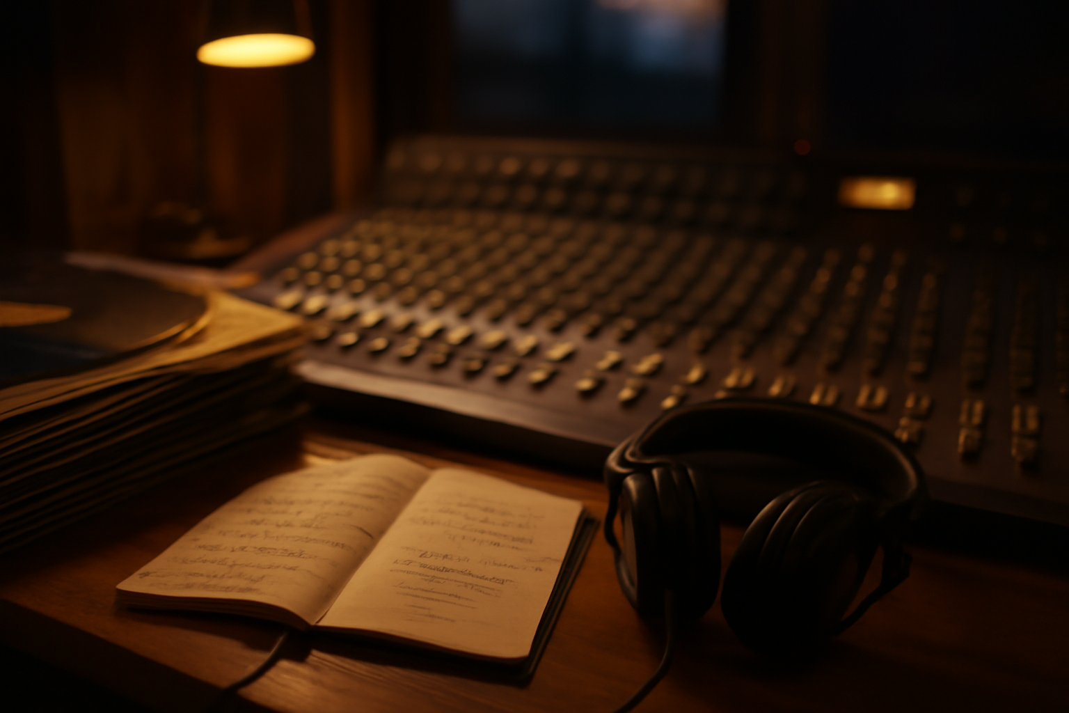 Meja studio musik dengan mixer, headphone, dan catatan tempo untuk menyusun remix soul dan R&B