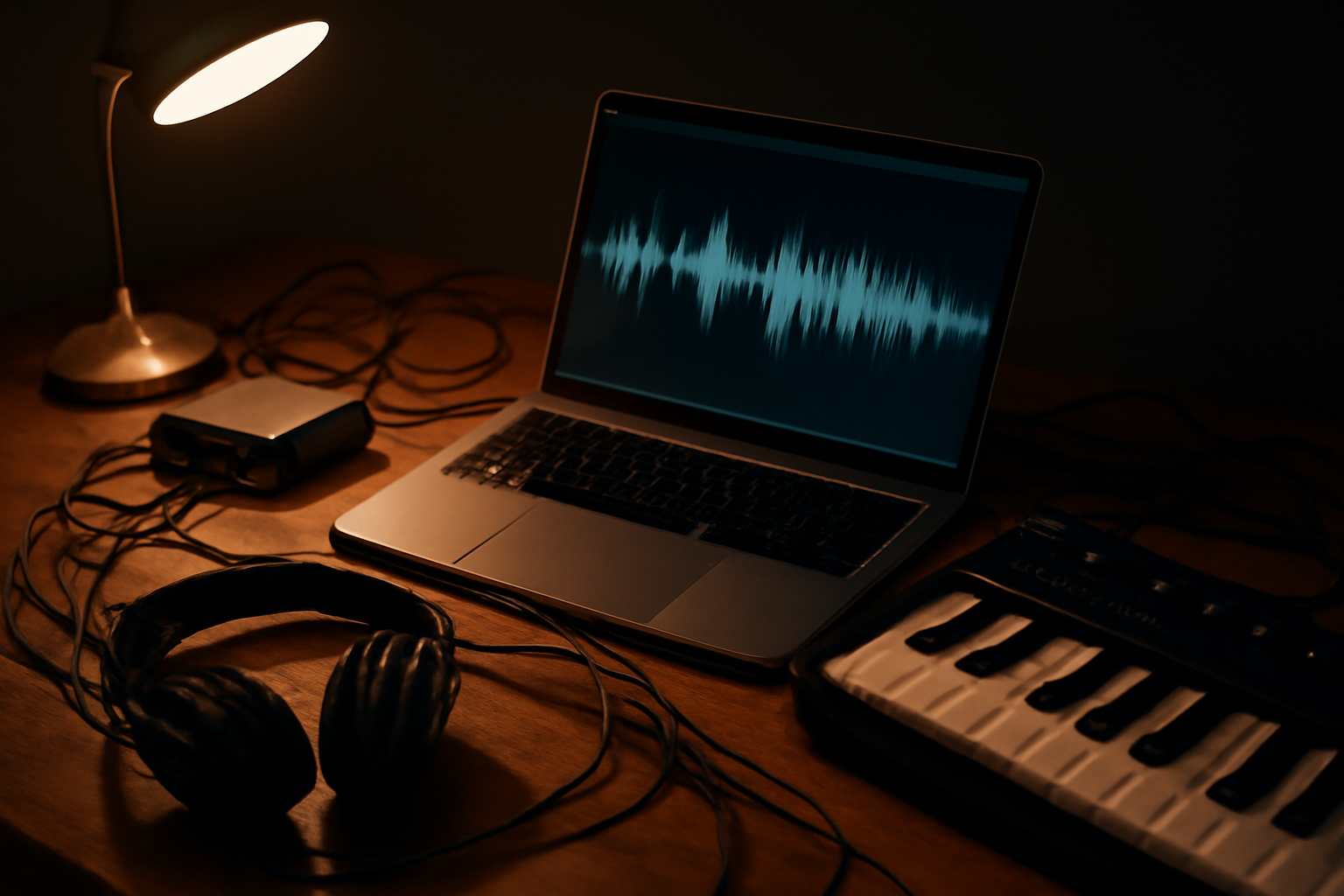 Meja studio musik elektronik dengan laptop, keyboard MIDI, dan headphone untuk produksi remix