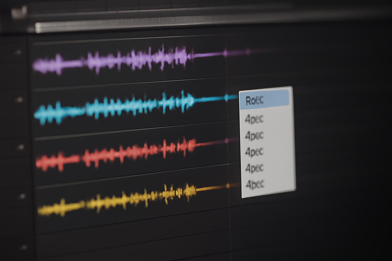 Layar DAW menampilkan berbagai trek audio dengan waveform dan menu format file