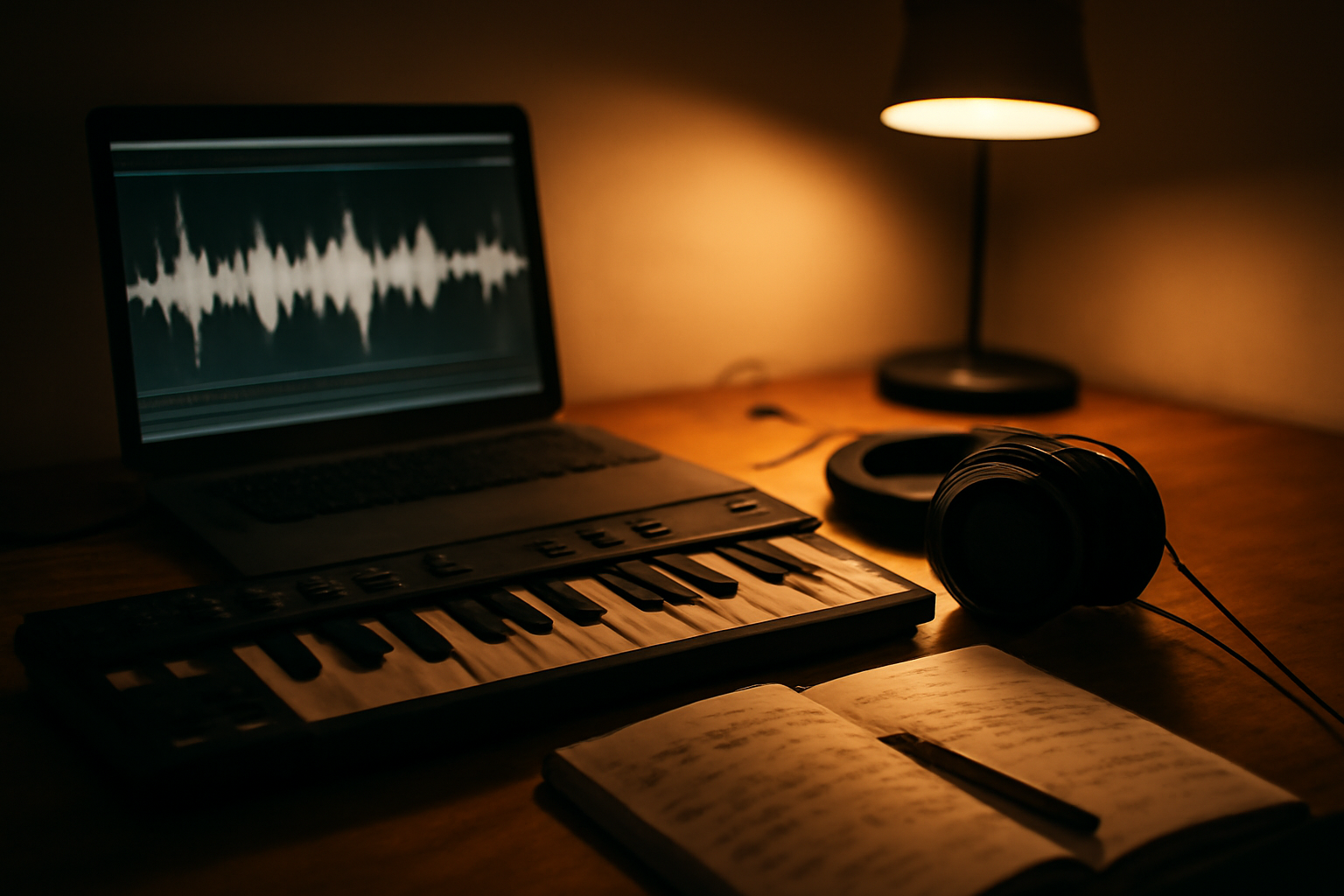 Meja studio musik rumahan dengan laptop berisi waveform audio, keyboard MIDI, dan headphone untuk sesi remix