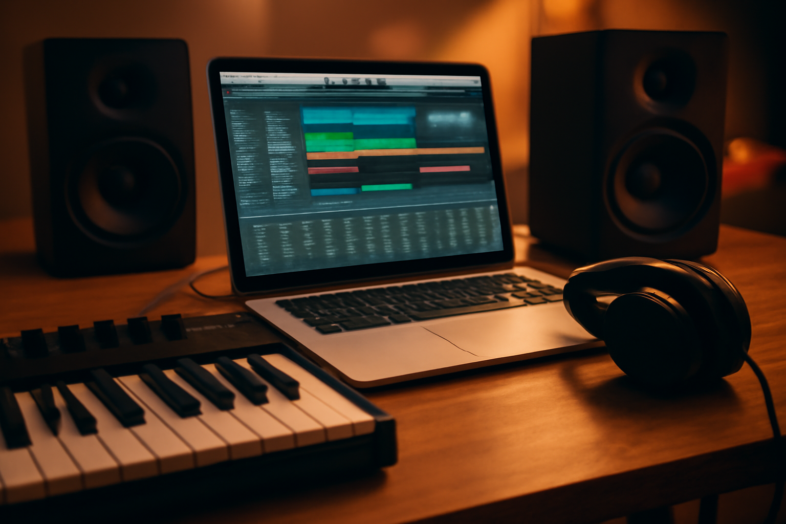 Meja produksi musik dengan laptop, keyboard MIDI, dan headphone studio untuk membuat remix