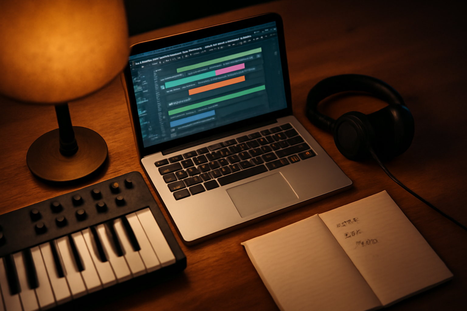 Meja produksi musik dengan laptop menampilkan timeline DAW dan keyboard MIDI untuk menyusun struktur lagu elektronik