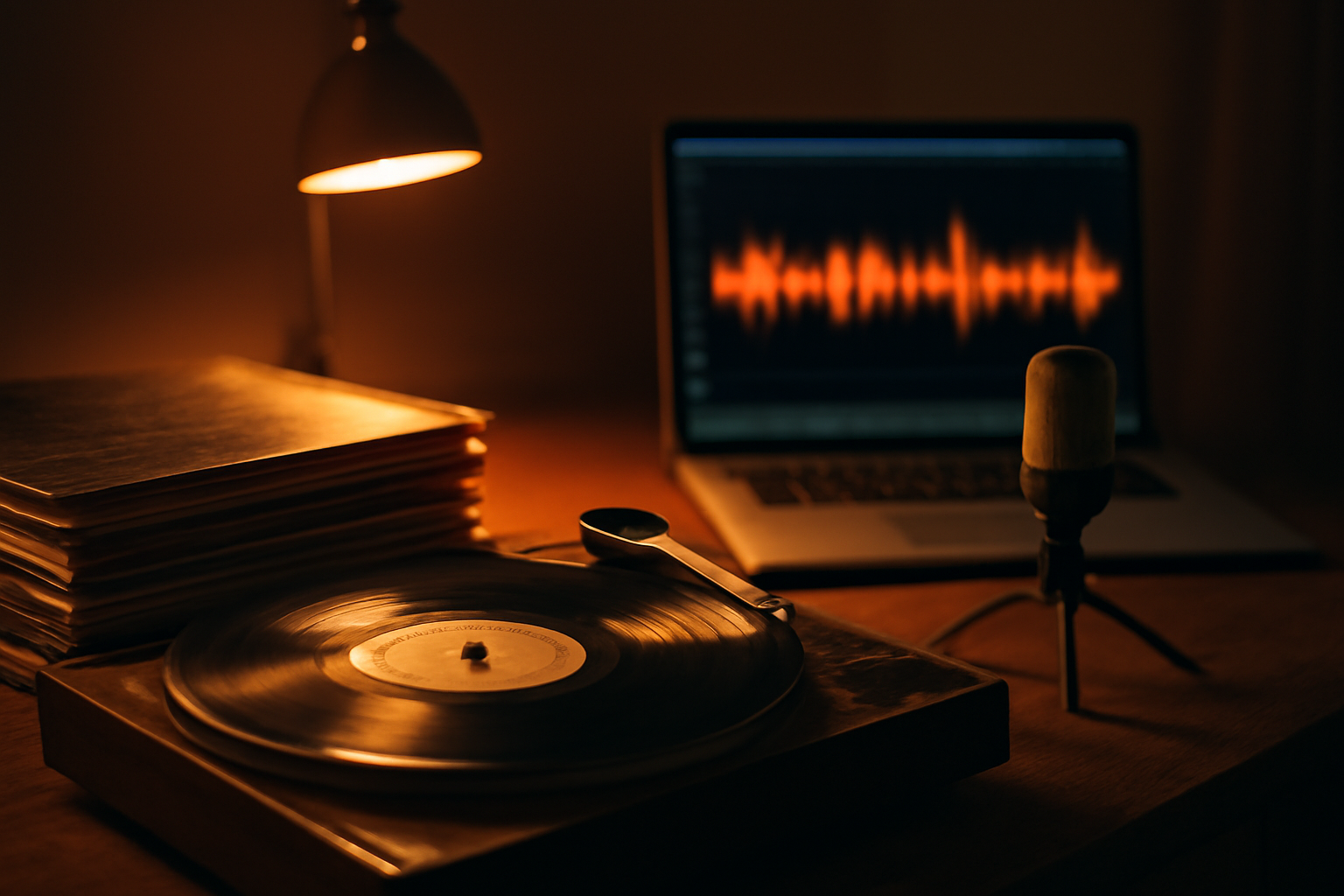 Meja studio rumahan dengan pemutar piringan hitam, tumpukan rekaman lawas, dan laptop berisi gelombang audio untuk bahan remix