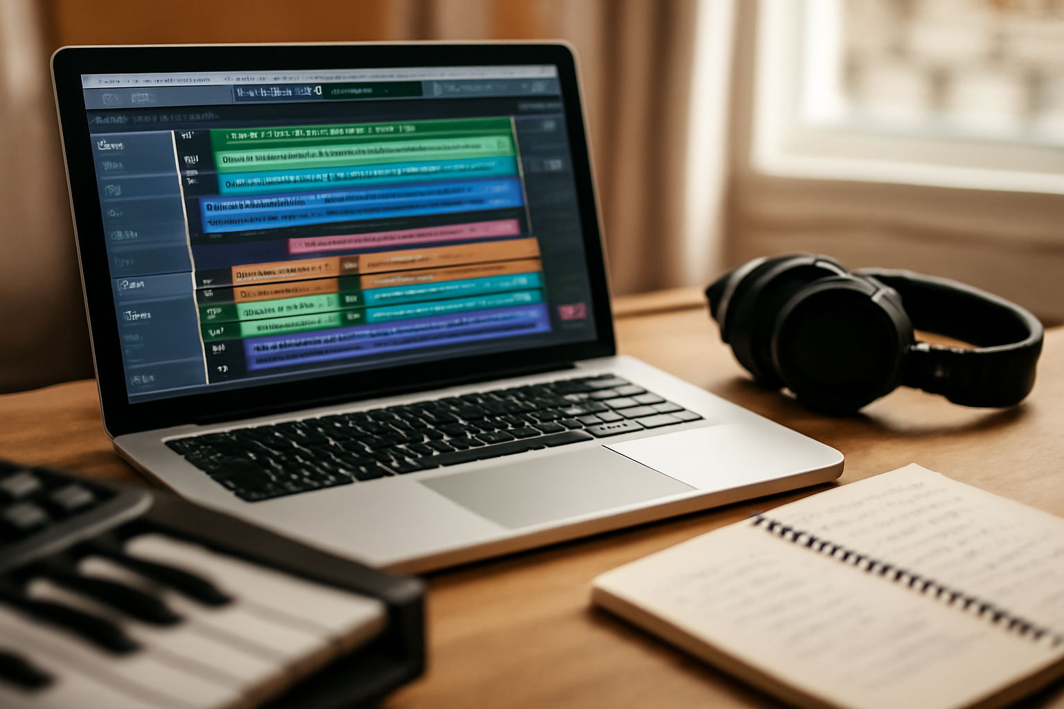Laptop menampilkan DAW dengan waveform, keyboard MIDI, dan headphone di meja studio rumah