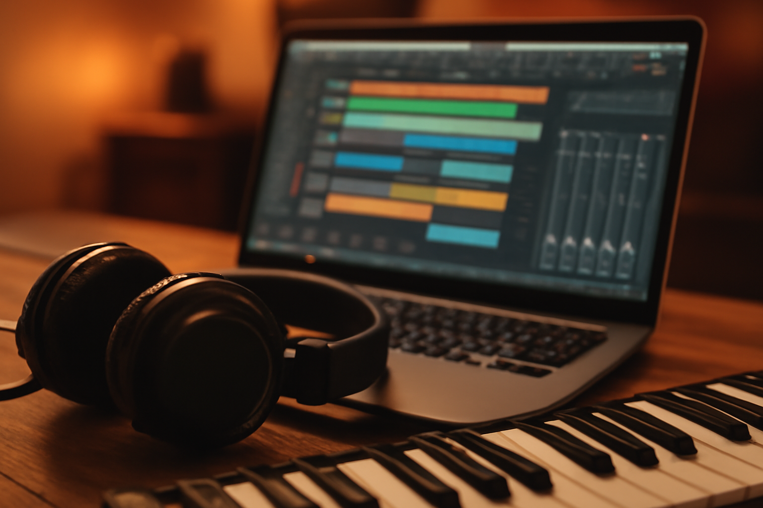 Meja produksi musik dengan laptop menampilkan DAW dan headphone untuk remix